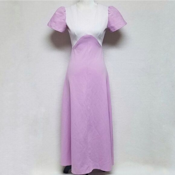 Vintage 1960s Lilac Swiss Dot Handmade Short Sleeve Tie Waist Maxi Dress S - Picture 3 of 13